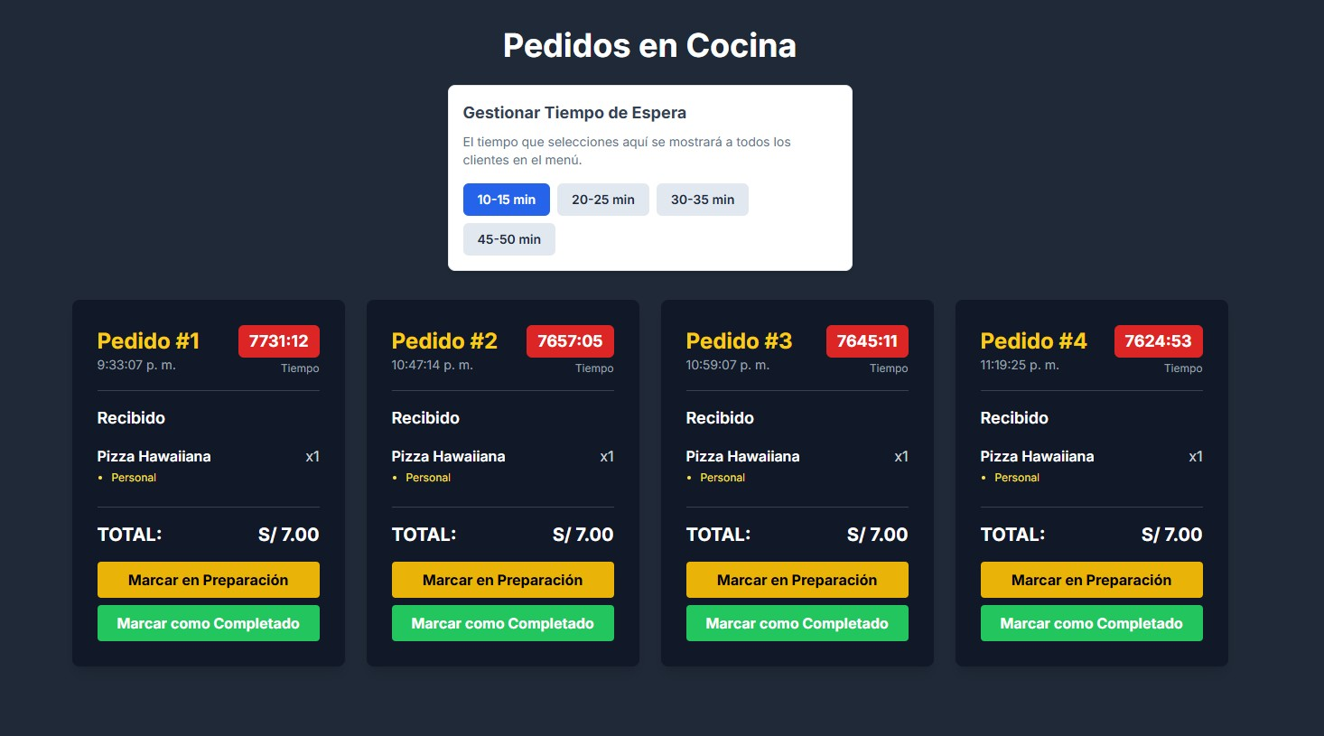 Interfaz de cocina mostrando pedidos en tiempo real